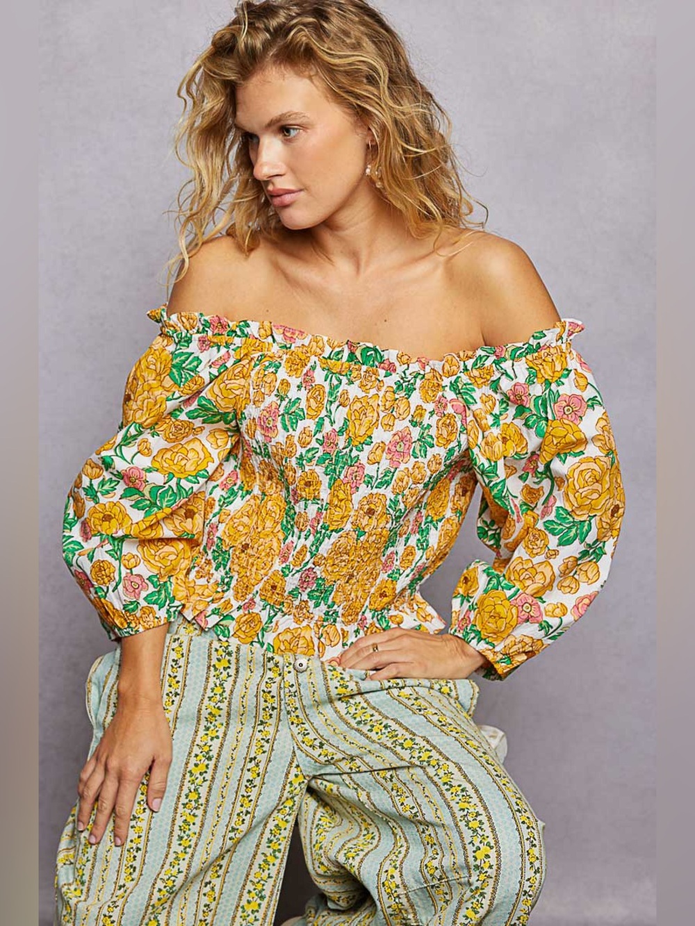 🍒 POL “ Sedona Bloom “ Off The Shoulder Smocked Top | Marigold